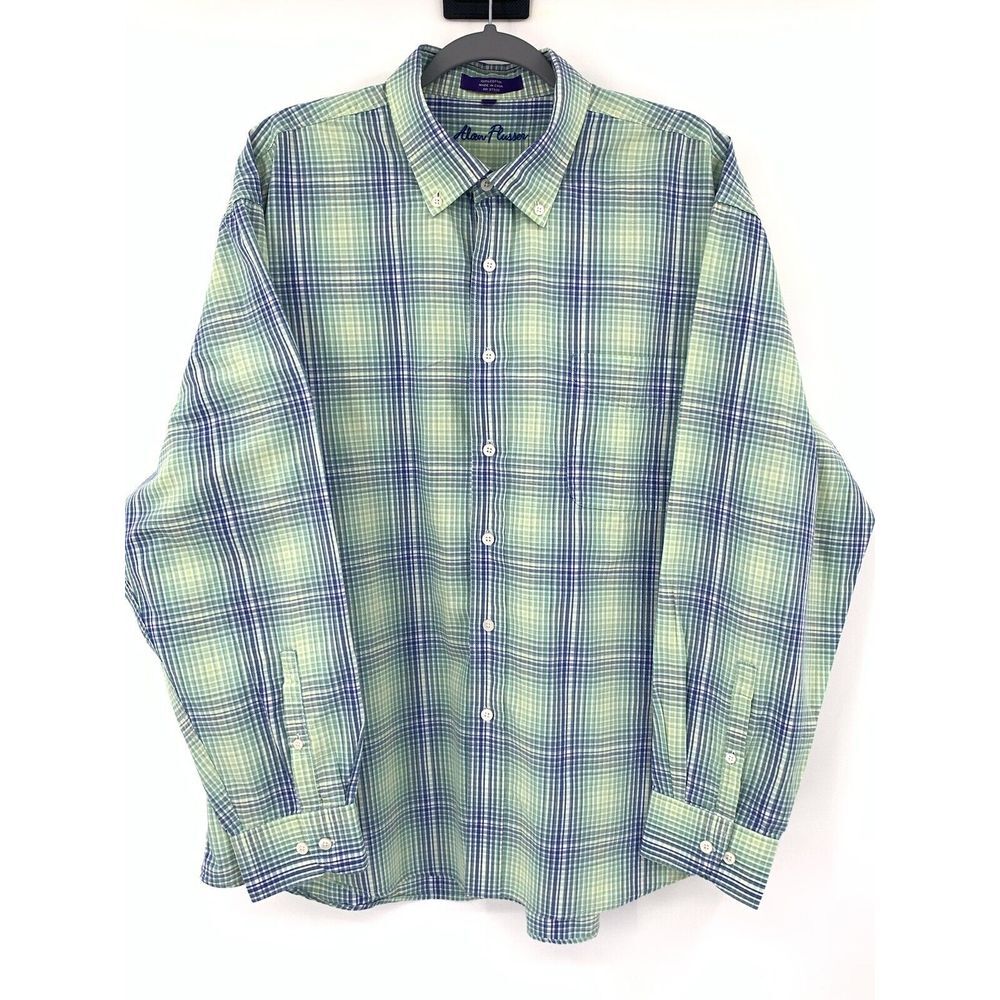 Alan Flusser Blue Yellow Green Cotton Plaid Men's Long Sleeve Shirt Size XXL - Picture 6 of 7
